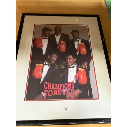 96A - A SIGNED AND FRAMED PHOTOGRAPH OF MUHAMMED ALI , GEORGE FOREMAN, JOE FRAZIER, KEN NORTON & LARRY HOL... 