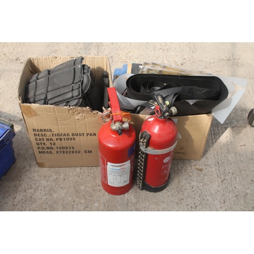 417 - FIRE EXTINGUISHER AND 2 BOXES WITH CONTENTS INCLUDING KNEE PADS, SCRAPERS, HOOKS ETC  NO  VAT