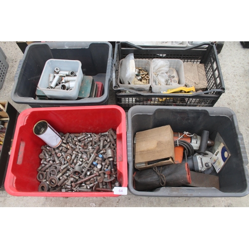 64 - 3 SOCKET SETS, BRASS FITTINGS, VARIOUS BOLTS, DRILL , SMALL  GRINDER  NO VAT