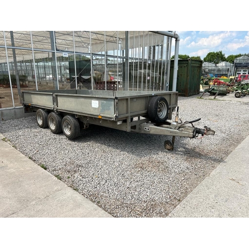 307 - AN IFOR WILLIAMS TRI AXLE TRAILER WITH SIDES & SPARE WHEEL + VAT