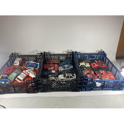 357 - TWO BOXES OF SCALEXTRIC CARS TOGETHER WITH A FURTHER BOX OF SCALEXTRIC MINI METRO SPARES