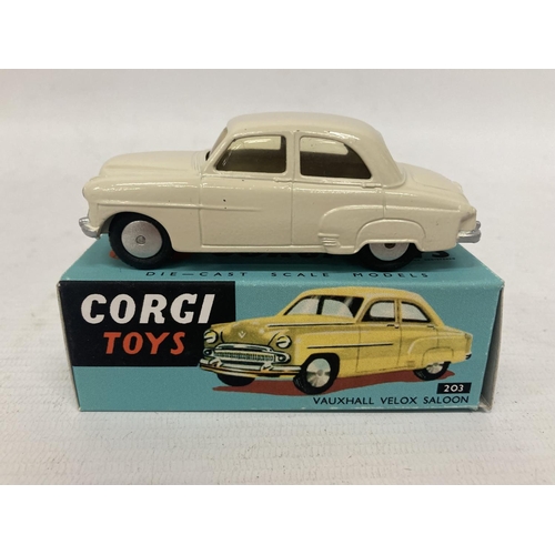 369 - THREE BOXED CORGI MODELS TO INCLUDE A RILEY PATHFINDER SALOON (NO 205), A VAUXHALL VELOX SALOON (NO ... 