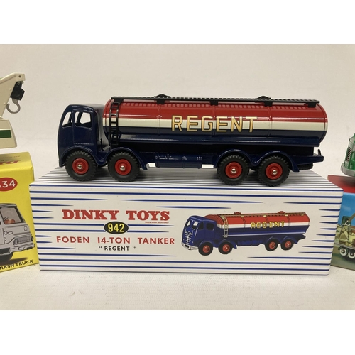 373 - THREE BOXED ATLAS DINKY MODELS TO INCLUDE A FODEN 14 TON TANKER 'REGENT' (NO 942), A BEDFORD TK CRAS... 