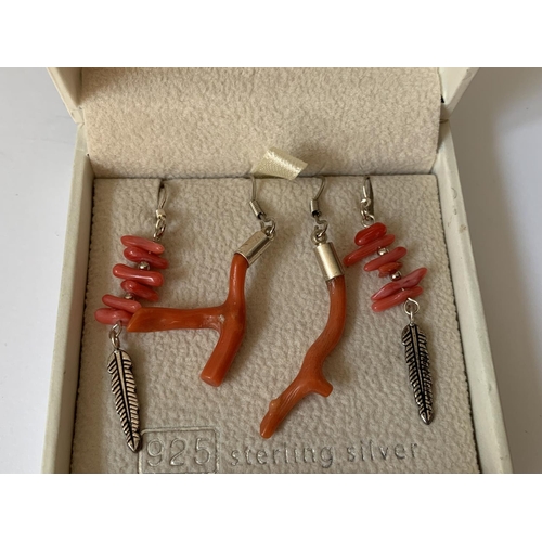 547 - THREE PAIRS OF CORAL EARRINGS AND A CORAL BROOCH IN A PRESENTATION BOX