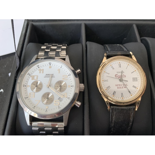 585 - A BOX OF SIX GENTS WRISTWATCHES ALL SEEN WORKING BUT NO WARRANTY