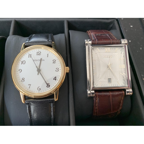 585 - A BOX OF SIX GENTS WRISTWATCHES ALL SEEN WORKING BUT NO WARRANTY