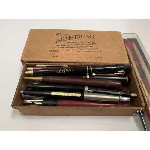 108 - A QUANTITY OF VINTAGE PENS TO INCLUDE A PRKER PEN WITH A GALLON TO LITRE CONVERTER