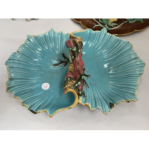 124 - A VINTAGE MAJOLICA BOWL WITH HANDLE, MAJOLICA FRUIT PLATTER AND A VICTORIAN VASE