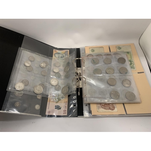 136 - AN ALBUM CONTAINING A COLLECTION OF OLD BANK NOTES AND COINS, SOME SILVER