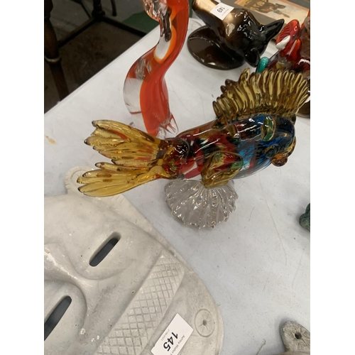 147 - THREE MURANO GLASS FIGURES TO INCLUDE A CLOWN, FISH AND A COCKEREL