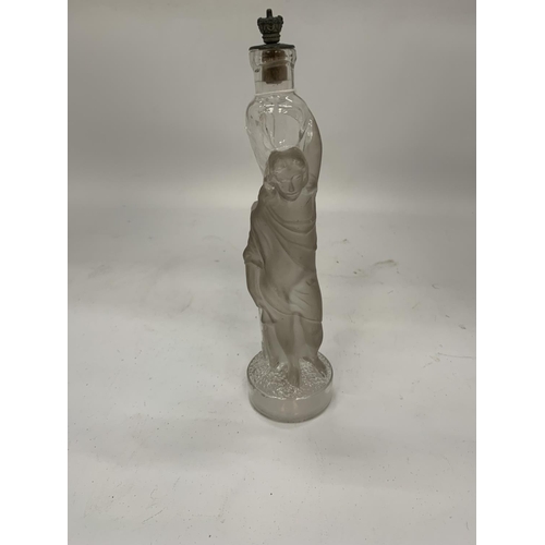 156 - A VINTAGE GLASS LIQUER/SCENT BOTTLE IN THE FORM OF A LADY HEIGHT 21CM