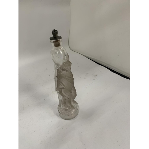 156 - A VINTAGE GLASS LIQUER/SCENT BOTTLE IN THE FORM OF A LADY HEIGHT 21CM