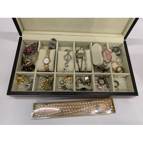 162 - A QUANTITY OF COSTUME JEWELLERY TO INCLUDE WATCHES, BROOCHES, EARRINGS, RINGS, CUFFLINKS, ETC IN A W... 