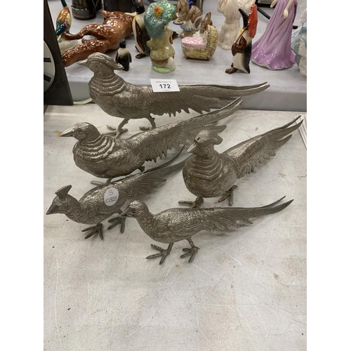 172 - THREE LARGE AND TWO SMALLER WHITE METAL PHEASANTS