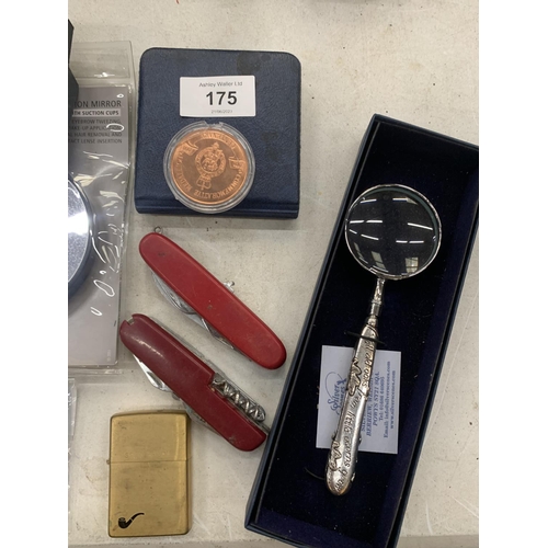 175 - A MIXED LOT TO INCLUDE A VINTAGE ZIPPO LIGHTER, SWISS ARMY PENKNIVES, CUFFLINKS, BRASS BUTTONS, MAGN... 