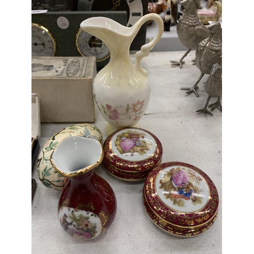 176 - THREE PIECES OF LIMOGES PORCELAIN TO INCLUDE TRINKET BOXES AND A SMALL VASE, TWO VINTAGE BOXED PARKE... 