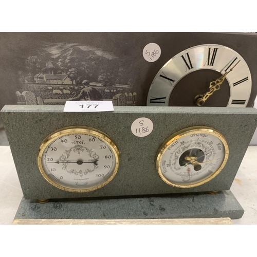 177 - A SLATE MANTLE CLOCK WITH A SHEPHERD AND SHEEPDOG IMAGE AND A SLATE BAROMETER AND HYGROMETER