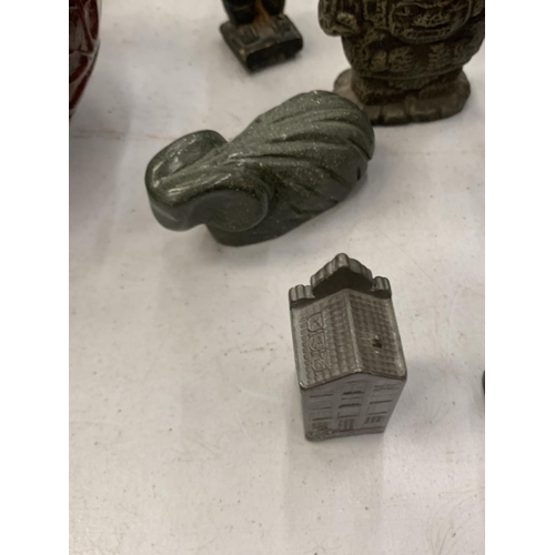 191 - A QUANTITY OF CARVED STONE FIGURES TO INCLUDE A RAM, ORIENTAL STYLE, AZTEC STYLE, ETC