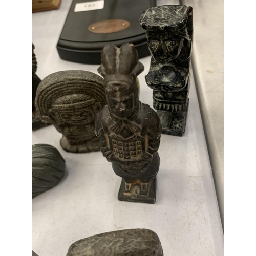 191 - A QUANTITY OF CARVED STONE FIGURES TO INCLUDE A RAM, ORIENTAL STYLE, AZTEC STYLE, ETC