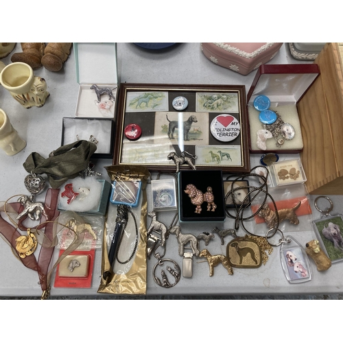 215 - A COLLECTION OF DOG RELATED ITEMS, DOG BOX, JEWELLERY ETC