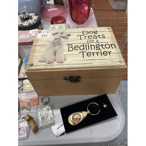 215 - A COLLECTION OF DOG RELATED ITEMS, DOG BOX, JEWELLERY ETC