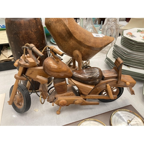 223 - A MIXED LOT TO INCLUDE WOODEN DUCK, WOODEN MOTORBIKE MODEL, SHIPS BAROMETER ETC