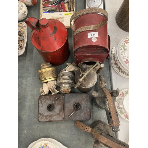 234 - A MIXED LOT OF VINTAGE METAL ITEMS, GAS CAN, BLOW TORCHES, LANTERN ETC