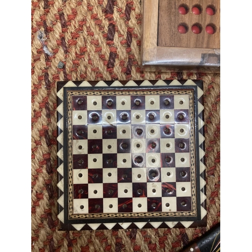 825 - THREE ITEMS - CHESS BOARD, MARBLE BOARD AND ABORIGINAL BOOMERANG