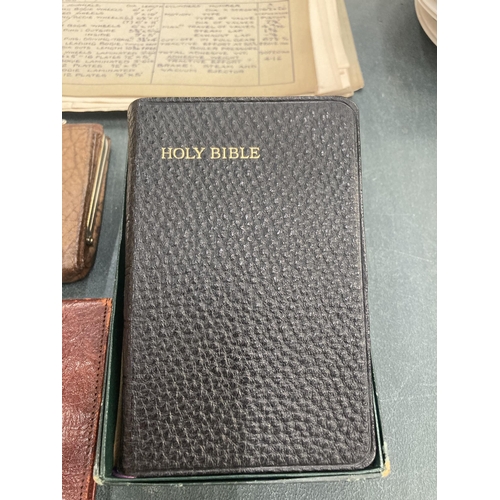 840 - A MIXED LOT TO INCLUDE HOLY BIBLE, LEATHER WALLETS ETC