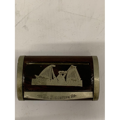 11 - A VINTAGE BISONTINE WOODEN AND METAL BOUND SNUFF BOX