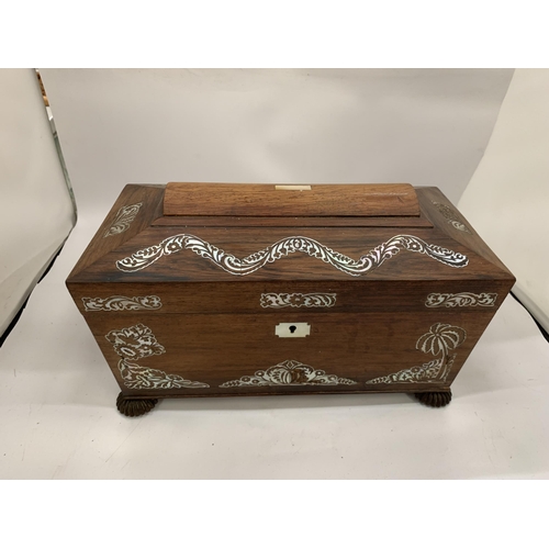 2 - AN ANTIQUE ROSEWOOD AND MOTHER OF PEARL TEA CADDY WITH TWO INNER COMPARTMENTS AND CUT GLASS BOWL