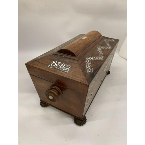 2 - AN ANTIQUE ROSEWOOD AND MOTHER OF PEARL TEA CADDY WITH TWO INNER COMPARTMENTS AND CUT GLASS BOWL