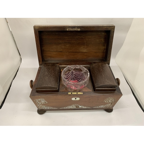 2 - AN ANTIQUE ROSEWOOD AND MOTHER OF PEARL TEA CADDY WITH TWO INNER COMPARTMENTS AND CUT GLASS BOWL