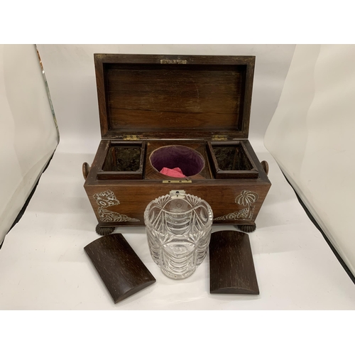 2 - AN ANTIQUE ROSEWOOD AND MOTHER OF PEARL TEA CADDY WITH TWO INNER COMPARTMENTS AND CUT GLASS BOWL