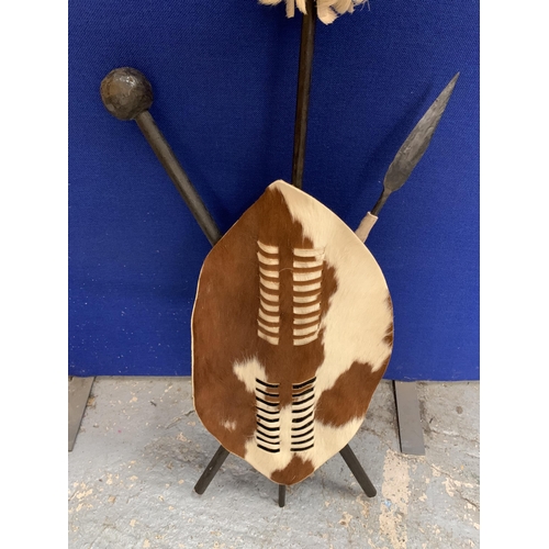 23 - AN AFRICAN TRIBAL WALL ART SHIELD AND SPEAR