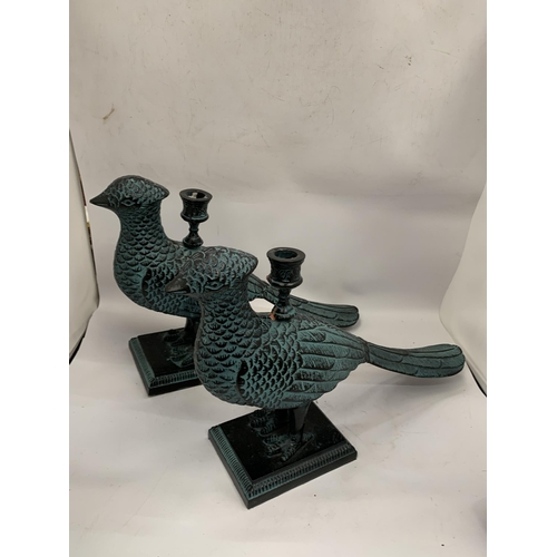 26 - TWO UNUSUAL TURQUOISE BIRD DESIGN CANDLE HOLDERS, LENGTH 36CM