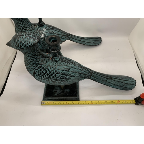 26 - TWO UNUSUAL TURQUOISE BIRD DESIGN CANDLE HOLDERS, LENGTH 36CM