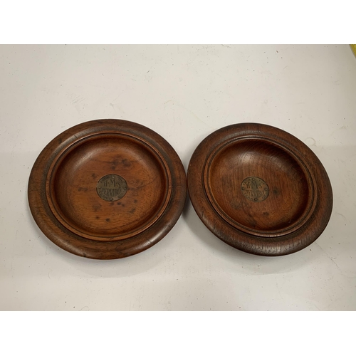 29 - A PAIR OF TEAK FROM THE H.M.S TERRIBLE ASHTRAYS WITH METAL INSERT PLAQUES