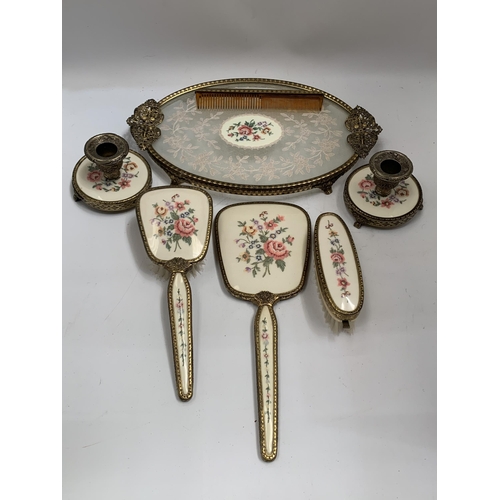 42 - A VINTAGE FLORAL EMBROIDERED DRESSING SET WITH TRAY AND CANDLESTICKS ETC