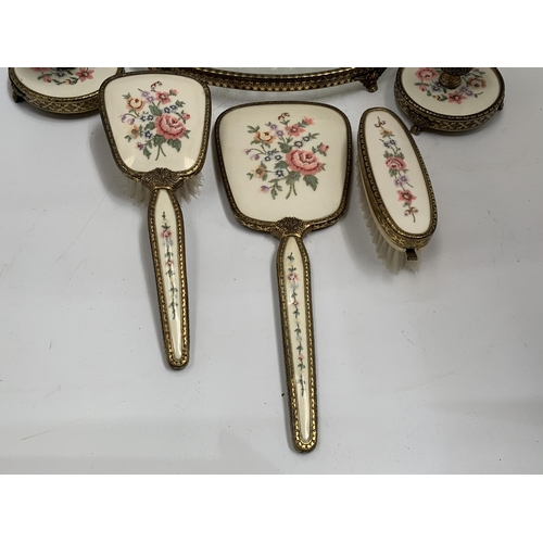 42 - A VINTAGE FLORAL EMBROIDERED DRESSING SET WITH TRAY AND CANDLESTICKS ETC