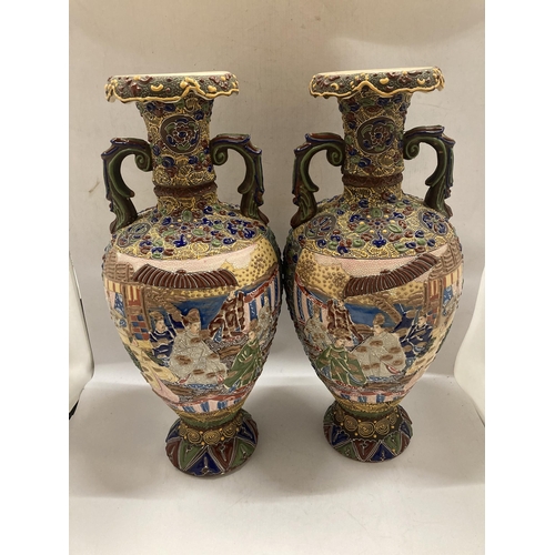 49 - A PAIR OF JAPANESE SATSUMA TWIN HANDLED VASES, HEIGHT 49CM