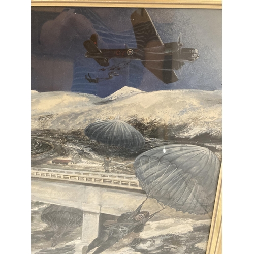 50 - GIB BAXTER, 20TH CENTURY FRAMED WATERCOLOUR OF PARACHUTERS, DATED '83