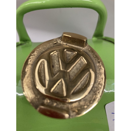 73 - A GREEN VW METAL PETROL CAN WITH BRASS TOP