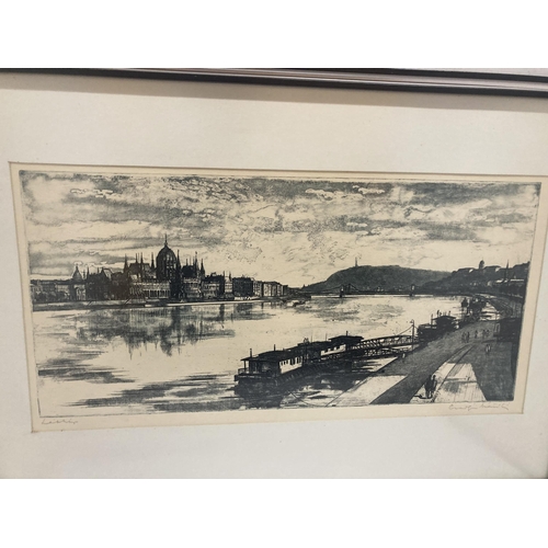 80 - A FRAMED PENCIL SIGNED C. SURGOI MATE LASZLO, ENGRAVING OF BUDAPEST, HUNGARY WITH ORIGINAL RECEIPT