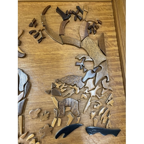 90 - A CARVED WOODEN DEER PICTURE