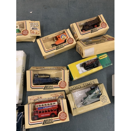 429 - NINE LLEDO MODEL VEHICLES, A SET OF SIX VINTAGE CAR MINIATURES AND A MINITRIX N GAUGE TANK LOCOMOTIV... 