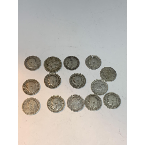 660 - A BAG OF SILVER COINS TO INCLUDE THREE PENCES