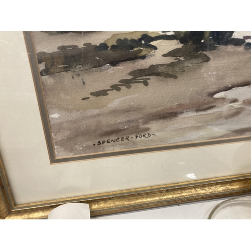 1071 - A FRAMED SIGNED WATERCOLOUR BY SPENCER FORD, 'LOW TIDE AT CEMAES BAY, ANGLESEY'