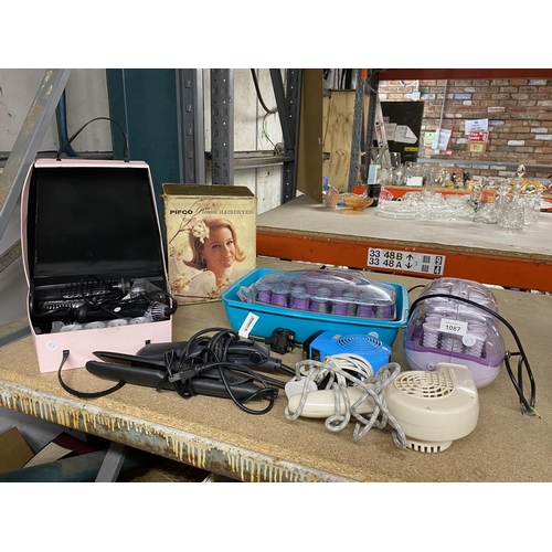 1084 - A LARGE MIXED LOT OF HAIRDRESSING ITEMS, DRYERS, VINTAGE ITEMS, ROLLERS, STRAIGHTENERS ETC