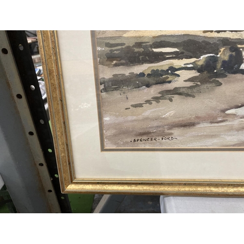 1071 - A FRAMED SIGNED WATERCOLOUR BY SPENCER FORD, 'LOW TIDE AT CEMAES BAY, ANGLESEY'